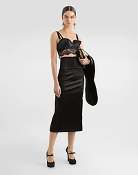 Satin calf-length skirt with corset-style belt detail