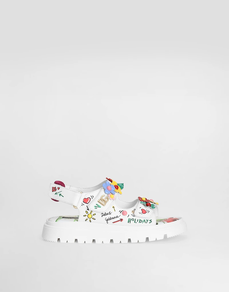 Printed calfskin sandals with flowers and DG logo