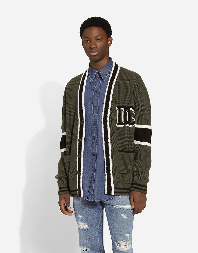 Wool fisherman’s rib-knit cardigan with DG logo patch