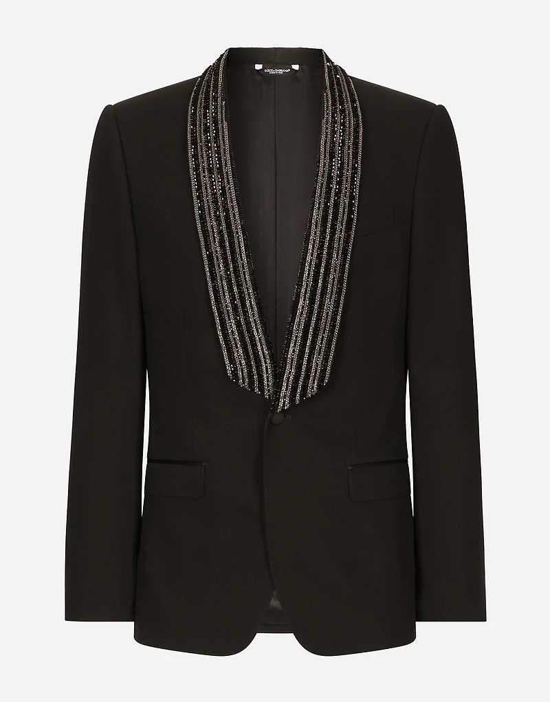 Single-breasted jacket with embroidered shawl collar