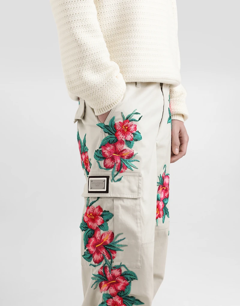 Cotton cargo pants with floral patches