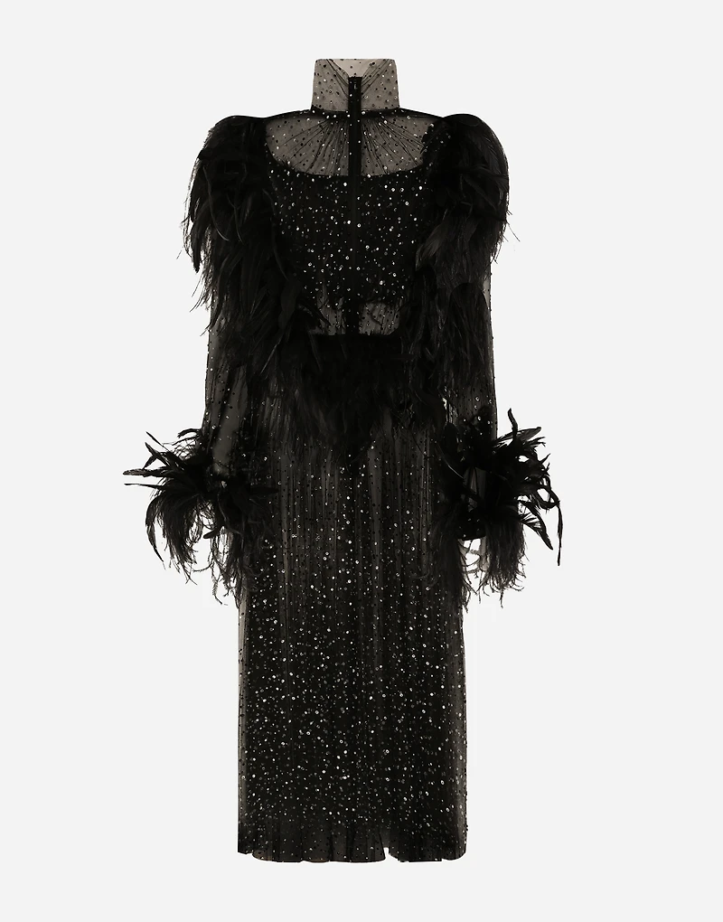 Calf-length stretch tulle dress with fusible rhinestones and rooster ostrich feather embellishment