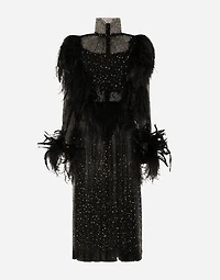 Calf-length stretch tulle dress with fusible rhinestones and rooster ostrich feather embellishment