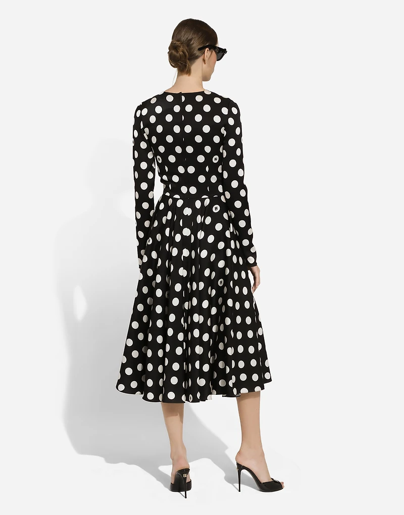 Charmeuse calf-length circle-skirt dress with polka-dot print