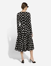 Charmeuse calf-length circle-skirt dress with polka-dot print