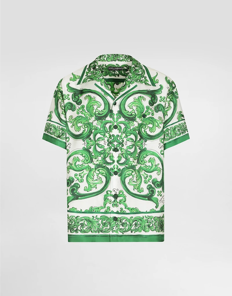 Silk twill Hawaiian shirt with majolica print