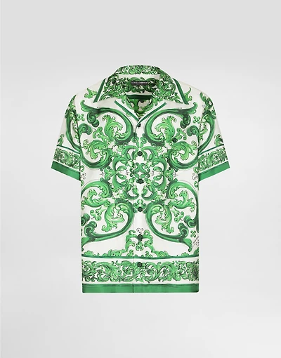 Silk twill Hawaiian shirt with majolica print