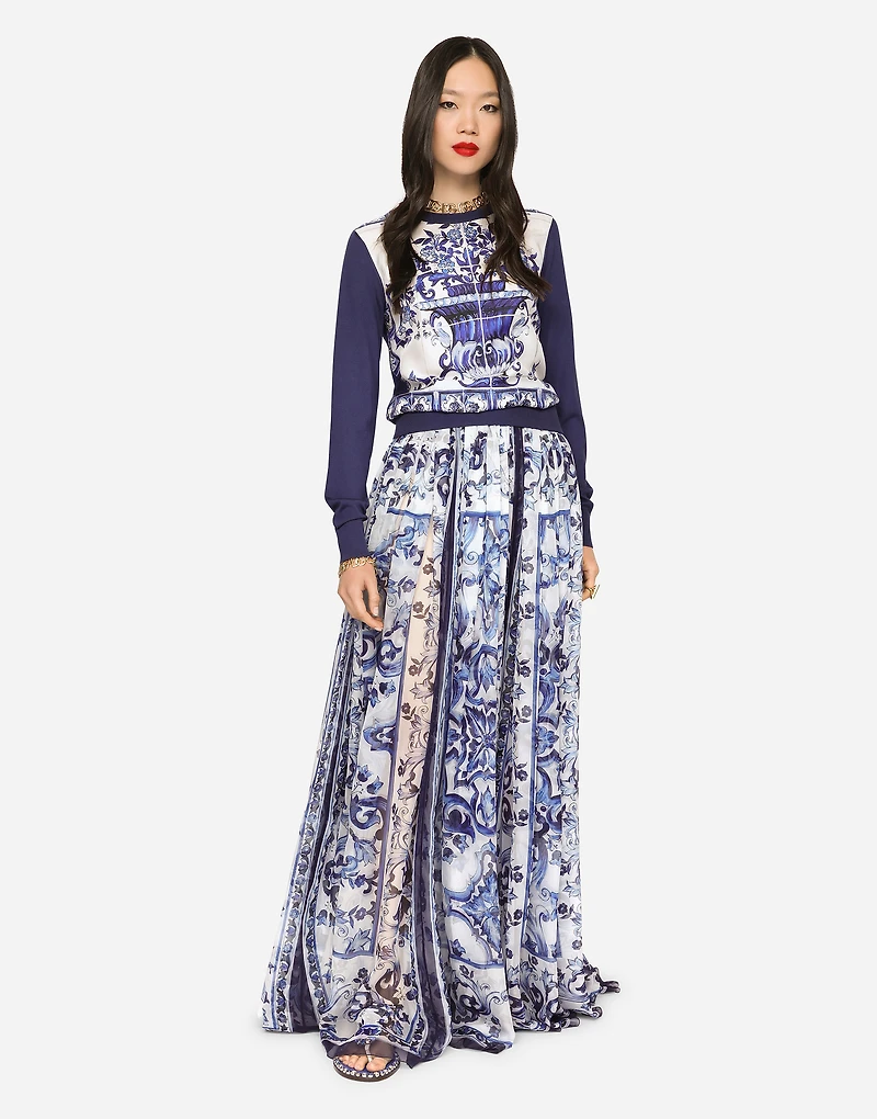 Long majolica-print chiffon skirt