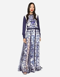Long majolica-print chiffon skirt