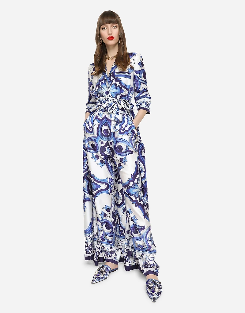 Long majolica-print twill shirt dress