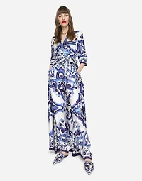 Long majolica-print twill shirt dress