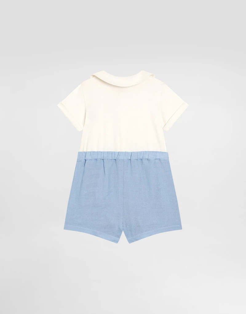 Short-sleeved interlock and linen romper with embroidery
