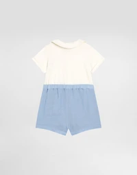Short-sleeved interlock and linen romper with embroidery