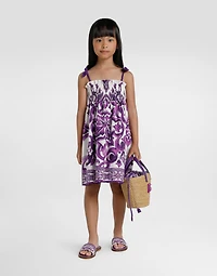 Majolica-print sleeveless poplin dress