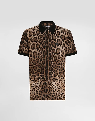 Cotton polo-shirt with leopard print