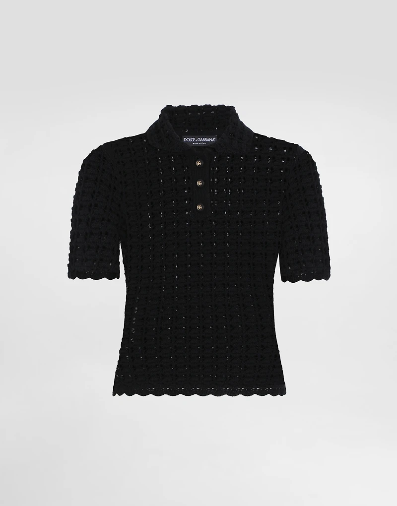 Wool lace-stitch polo-shirt