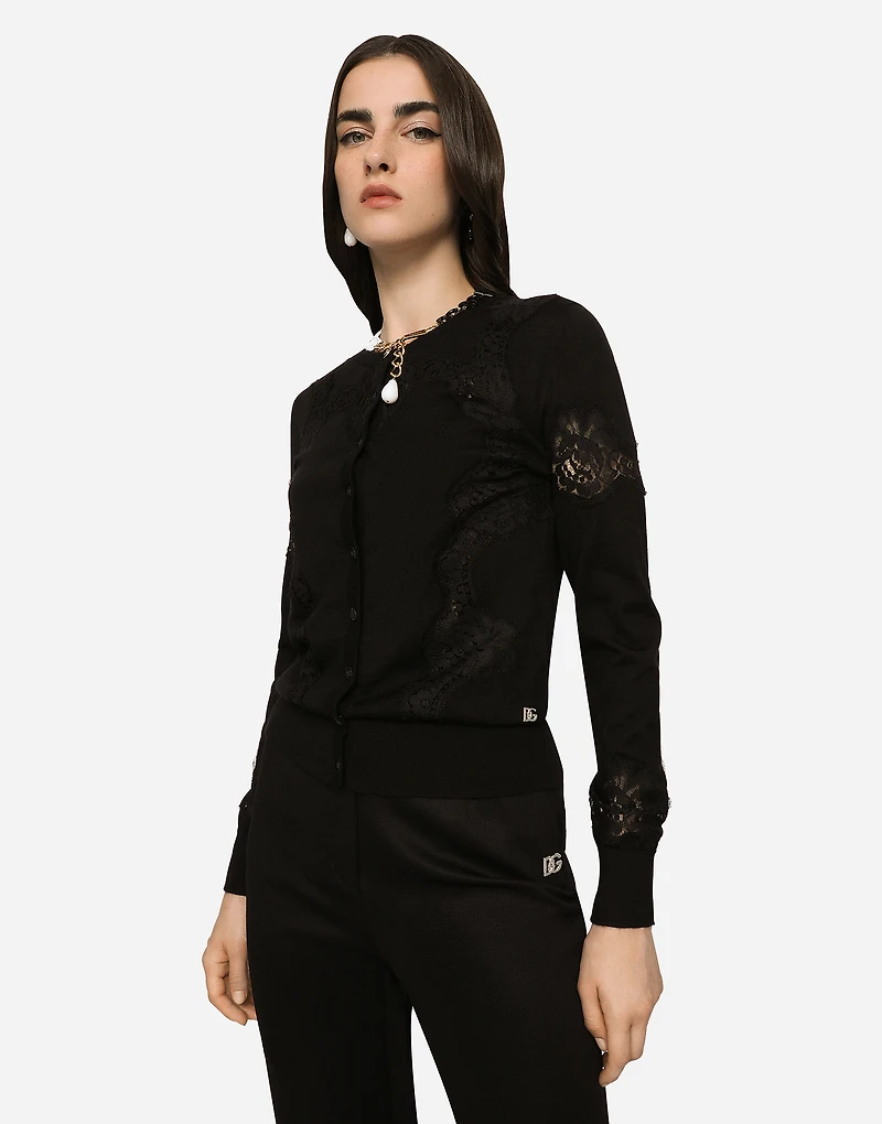 Cashmere and silk cardigan with lace inlay