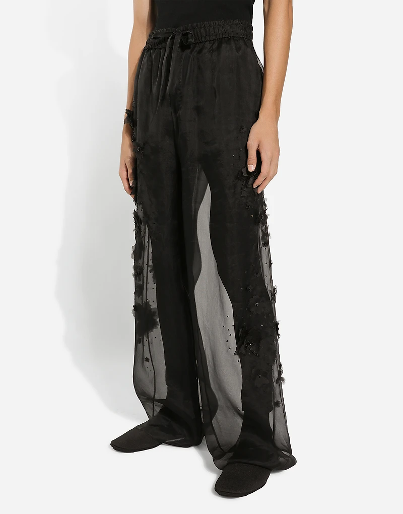 Silk organza jogging pants with embroidery