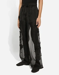 Silk organza jogging pants with embroidery