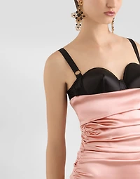Draped satin calf-length dress with bra-style cups