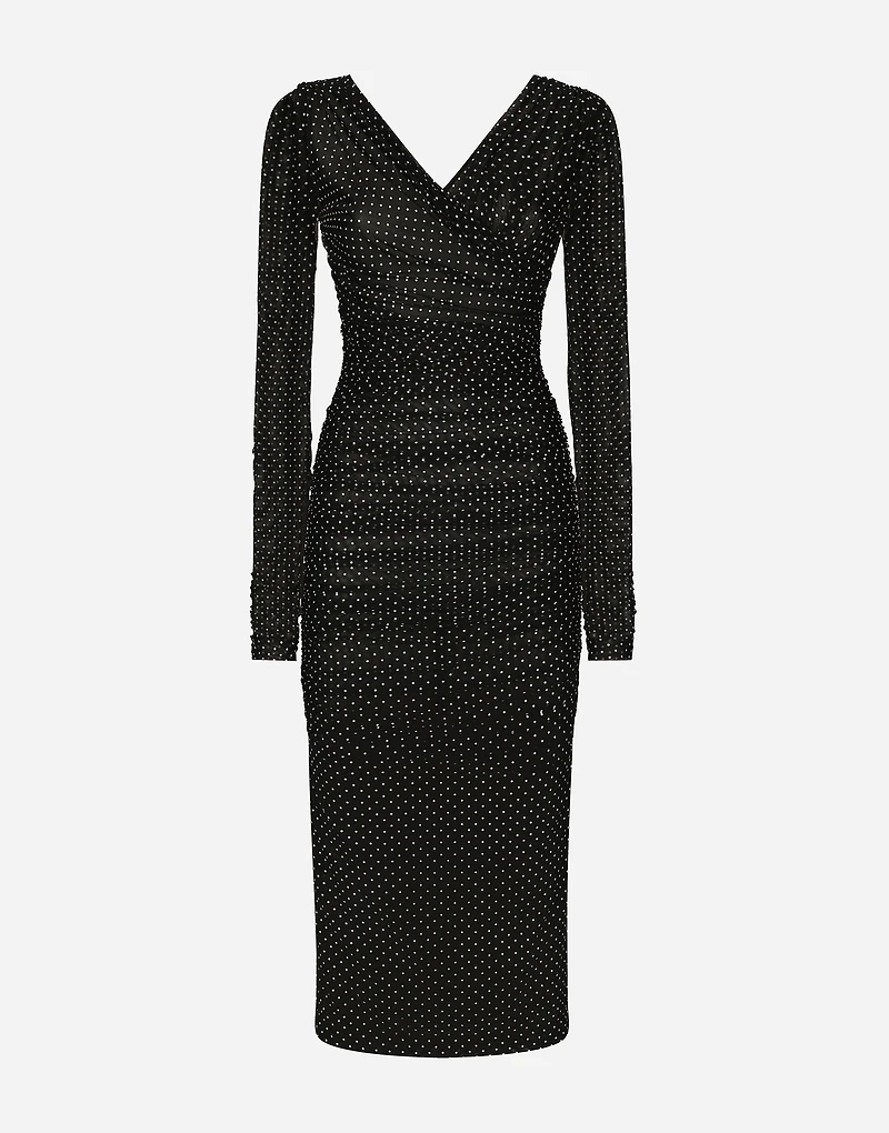 Tulle calf-length dress with draping and polka-dot print