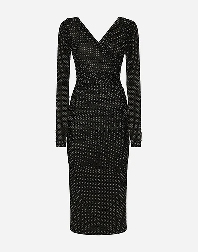 Tulle calf-length dress with draping and polka-dot print
