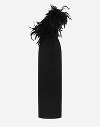 Long one-shoulder stretch cady dress with feathered neckline