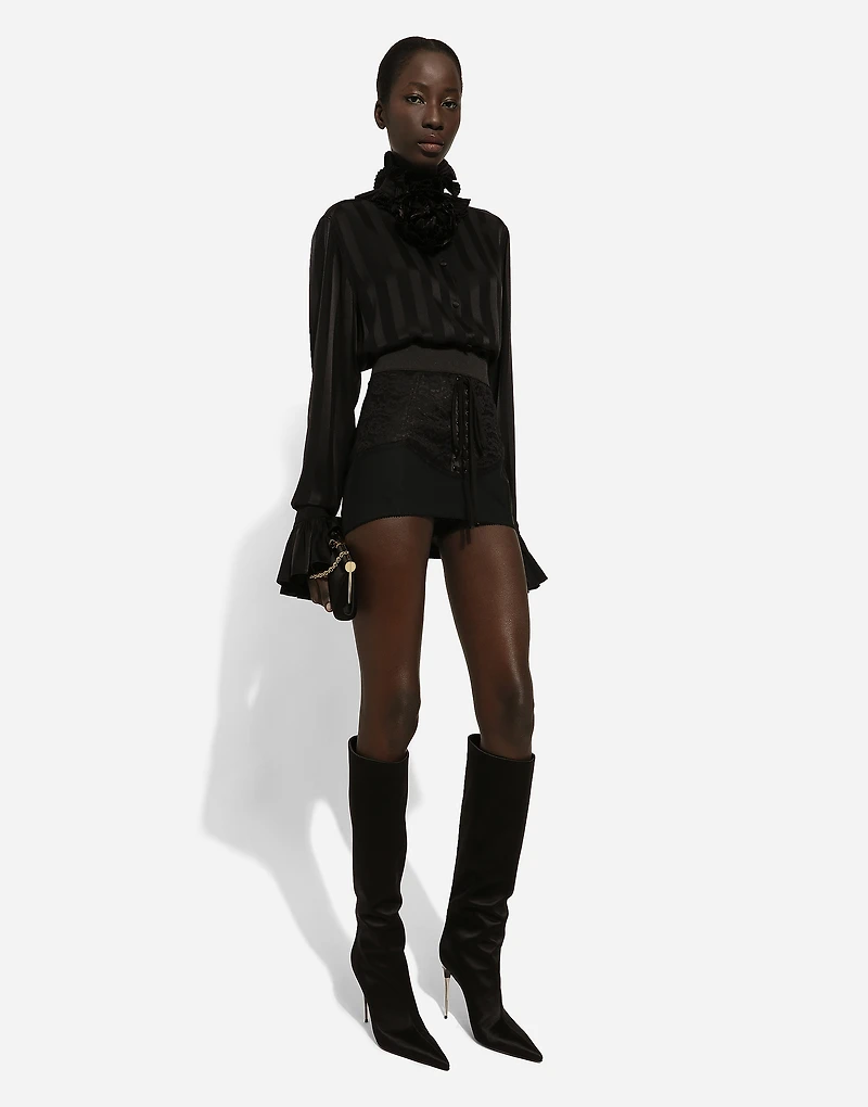 Silk jacquard shirt with pleated cuffs and collar