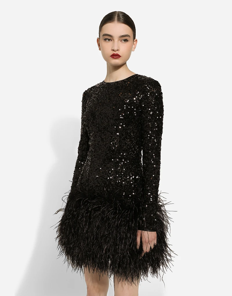 Short sequined dress with feather trim