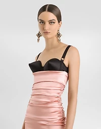 Draped satin calf-length dress with bra-style cups