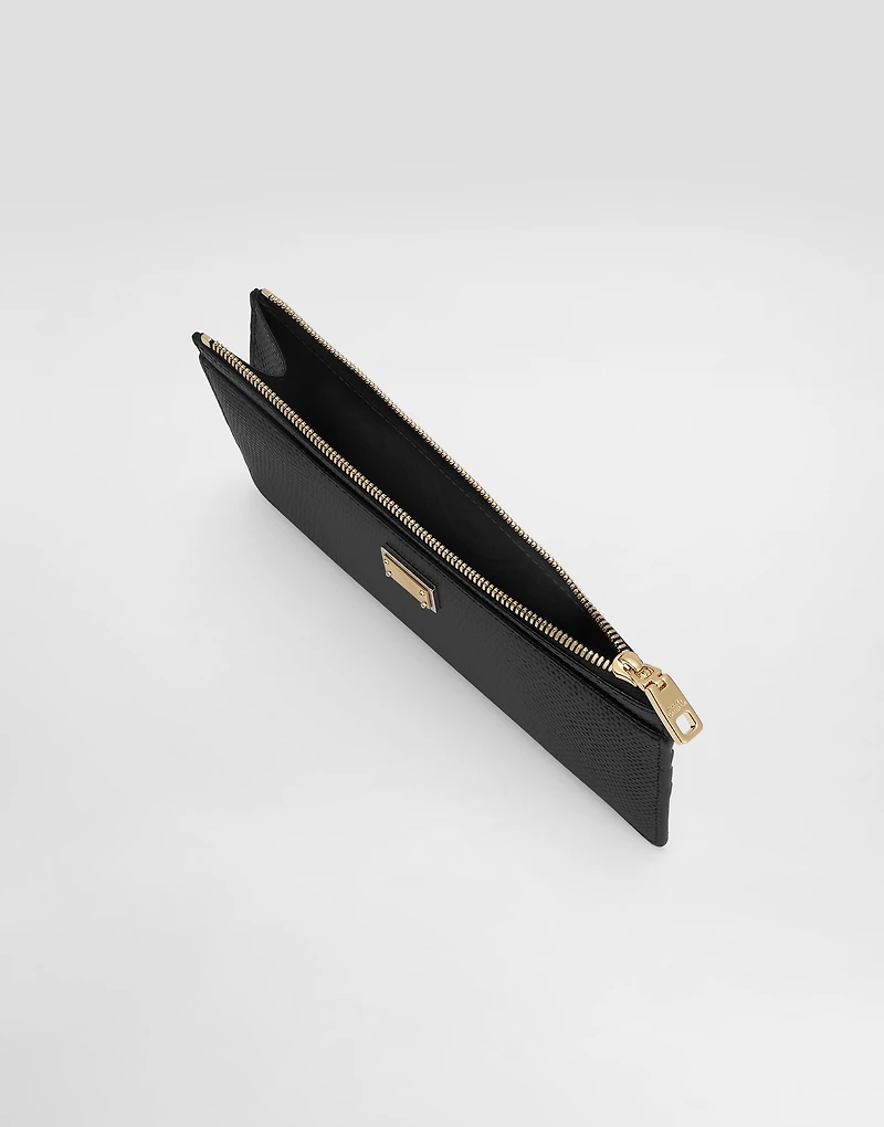 Iguana-print leather card holder with plate