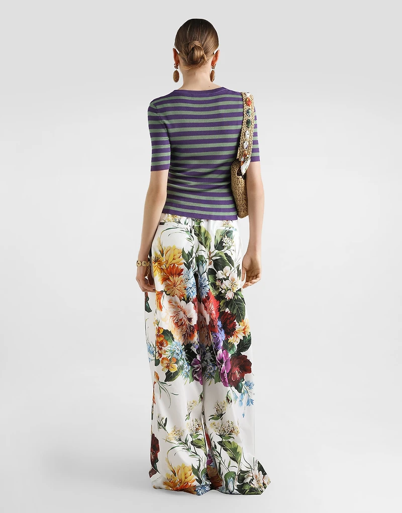 Flower bouquet-print poplin trousers