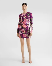 Charmeuse midi sheath dress with draping and rose print
