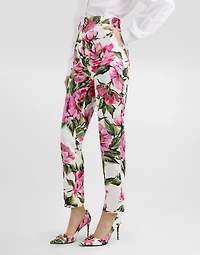 Peony-print cotton jacquard pants
