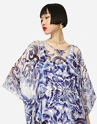 Short majolica-print chiffon caftan