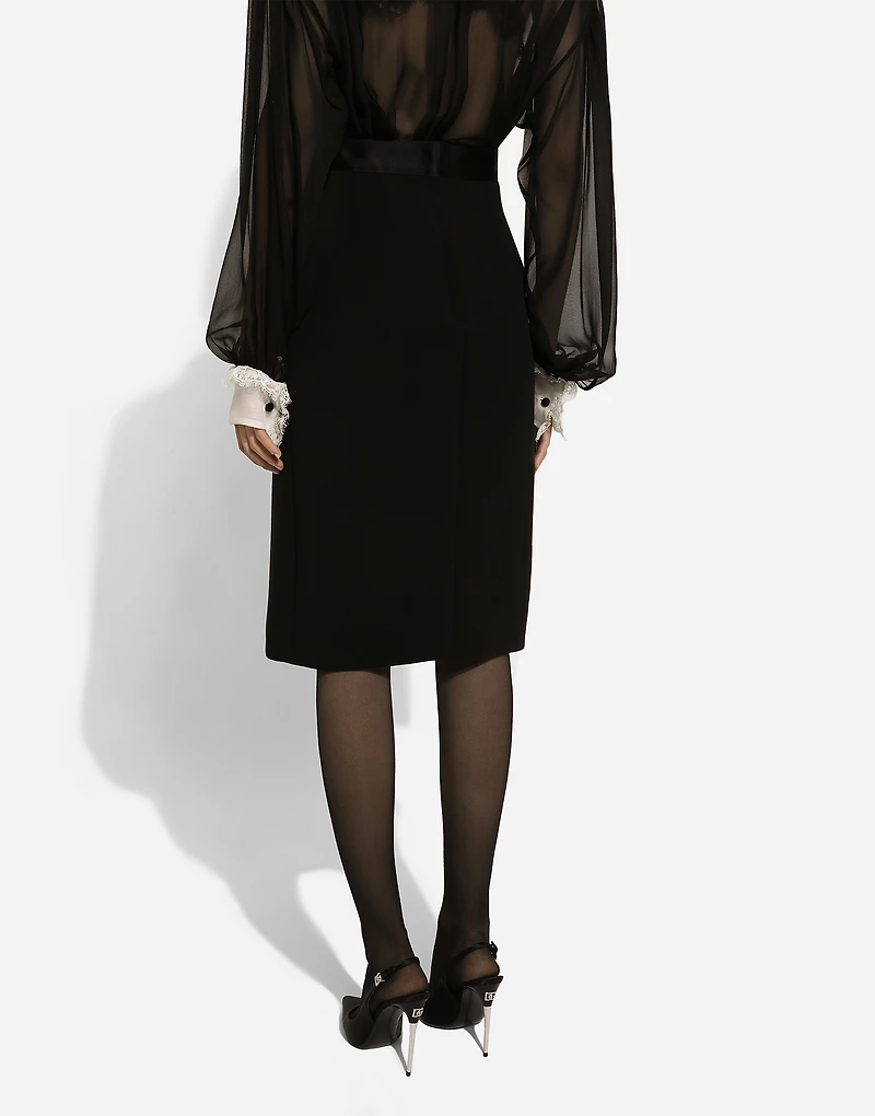 Wool midi pencil skirt with satin waistband