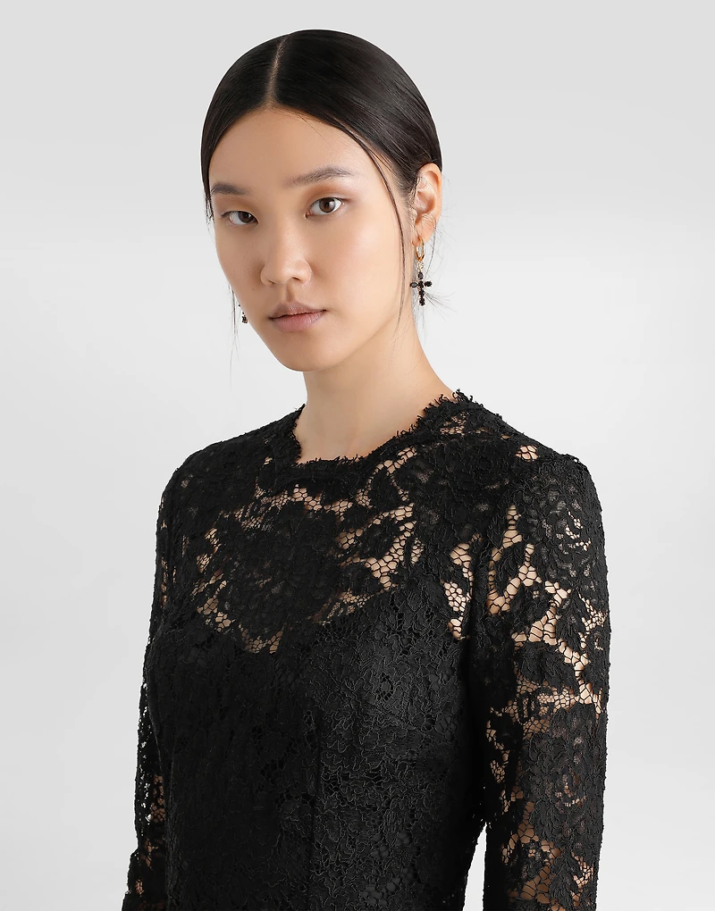 Long-sleeved calf-length dress branded stretch lace
