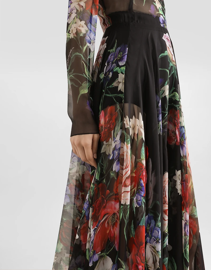 Floral-print chiffon calf-length dress with circle skirt