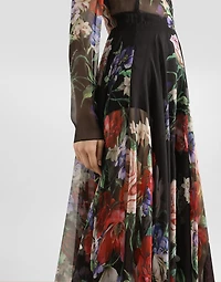 Floral-print chiffon calf-length dress with circle skirt