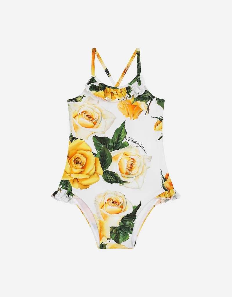 Spandex one-piece swimsuit with yellow rose print