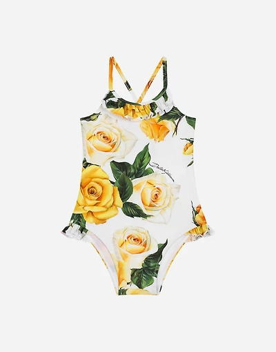 Spandex one-piece swimsuit with yellow rose print