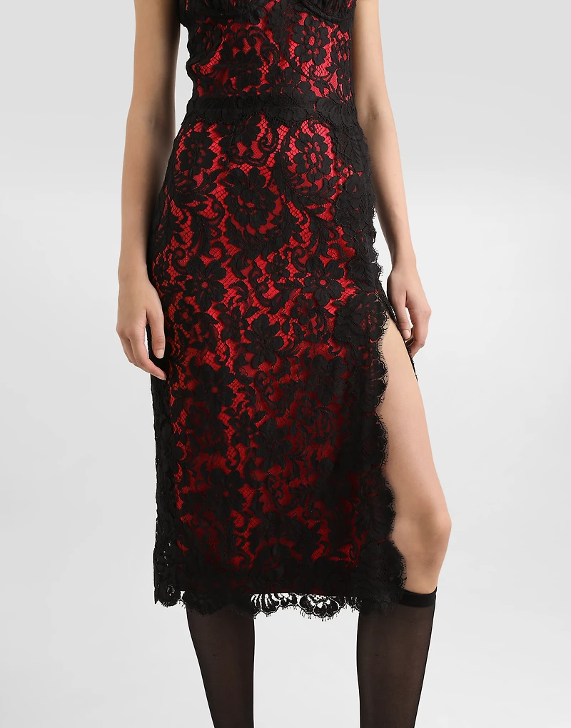 Calf-length floral lace slip dress with contrasting lining