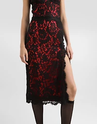 Calf-length floral lace slip dress with contrasting lining