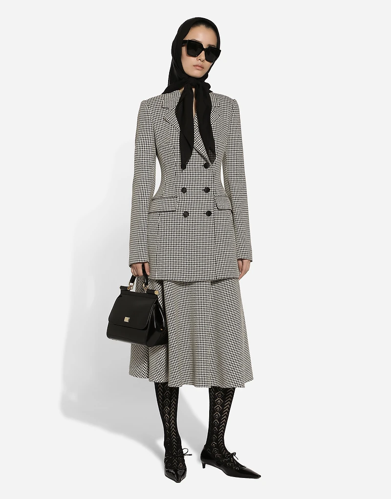 Calf-length wool houndstooth circle skirt
