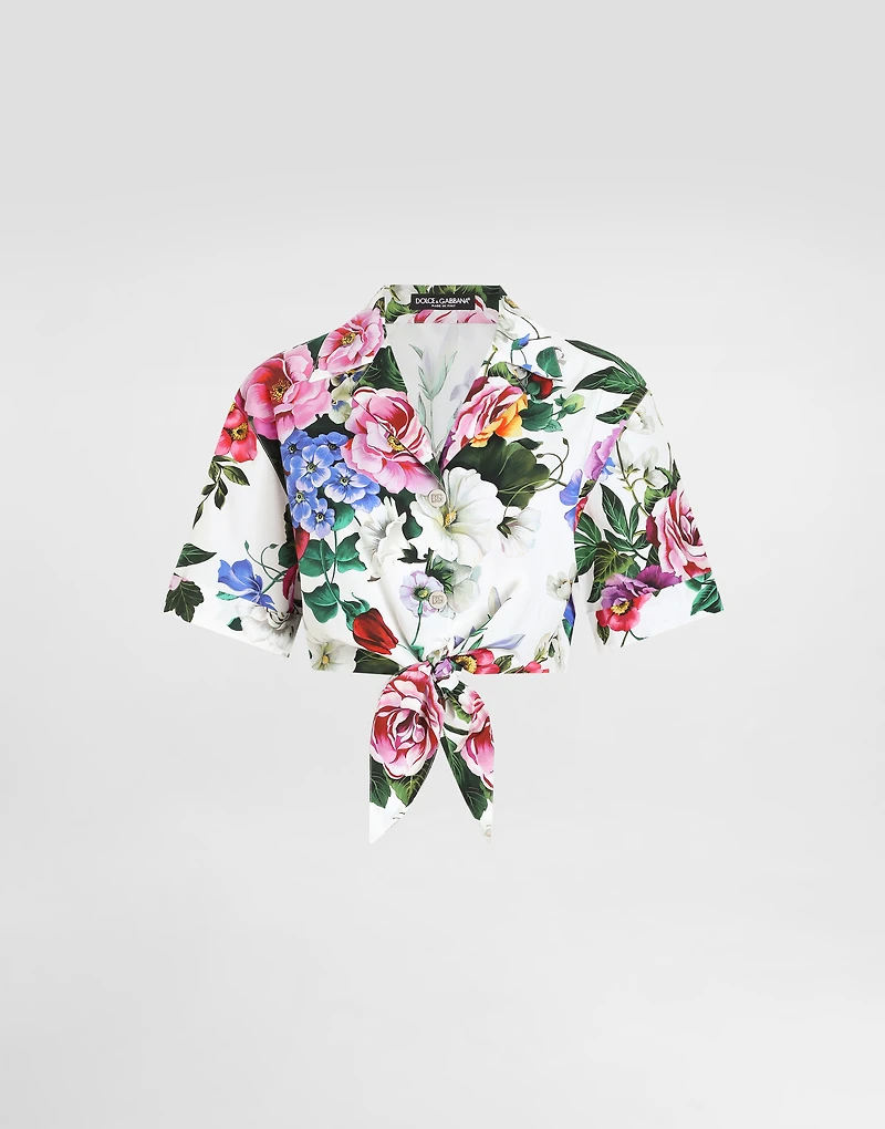 Cotton pussy-bow shirt with floral print