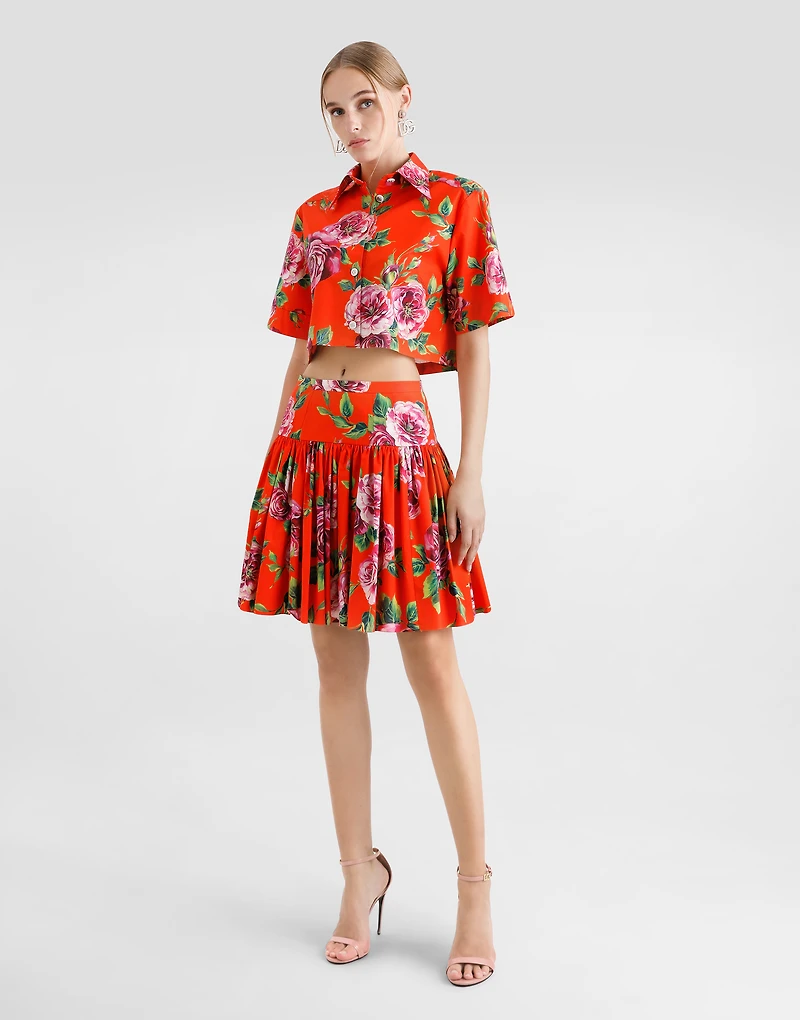 Short cotton skirt with antique rose print