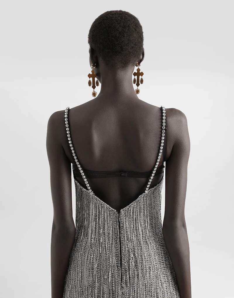 Marquisette calf-length dress with sequined fringing