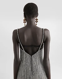 Marquisette calf-length dress with sequined fringing