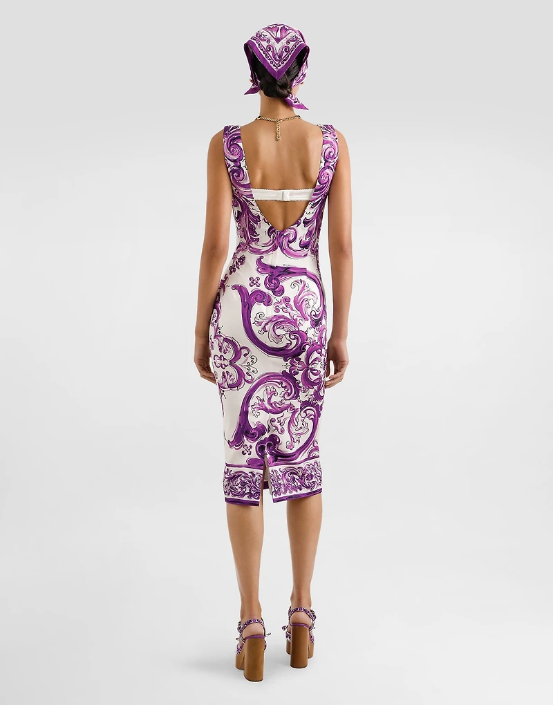 Majolica-print long charmeuse dress