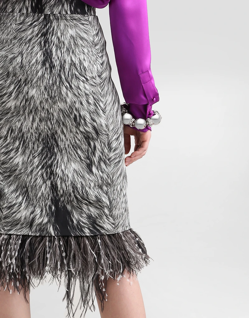Charmeuse calf-length pencil skirt with fur print and feathered detailing